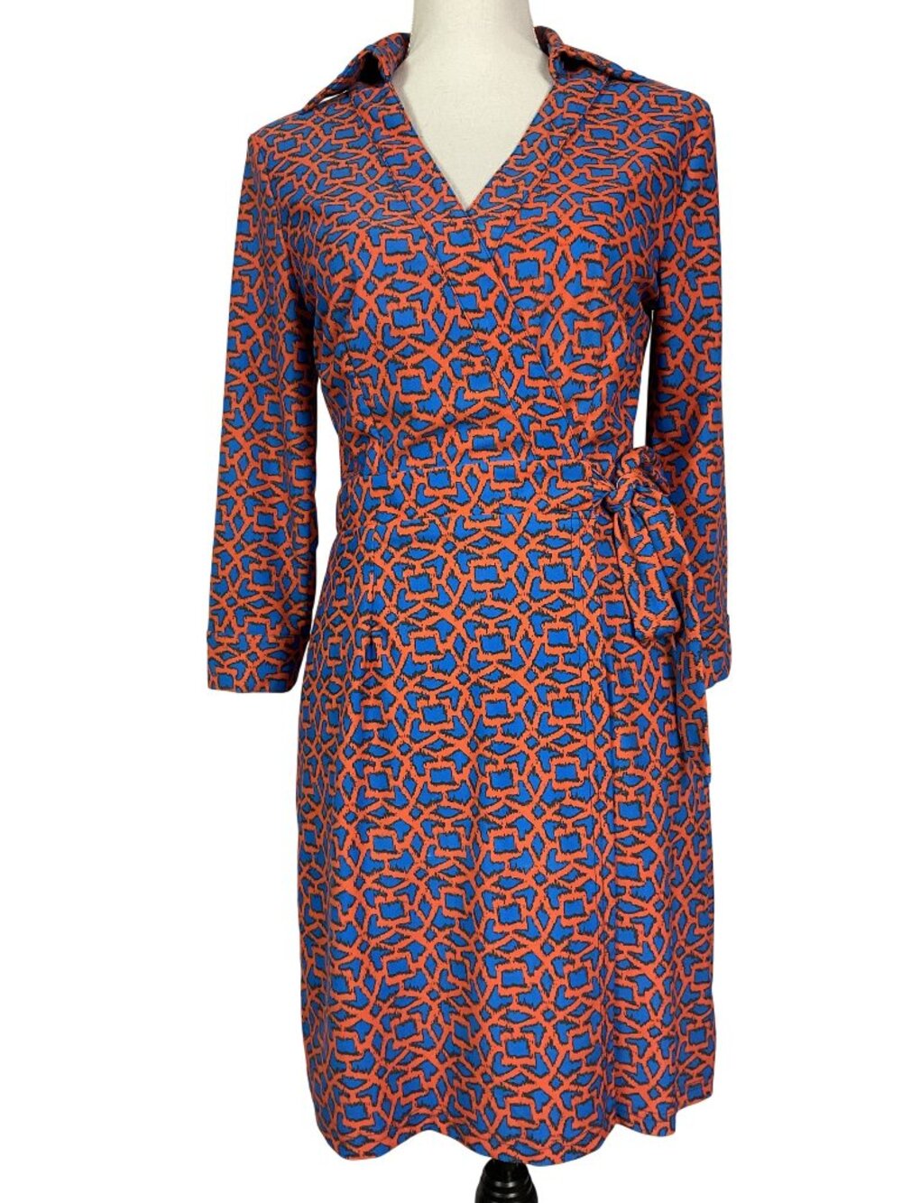Aryeh Geometric Wrap Dress Blue Orange Small NWT Stretch Jersey V Neck